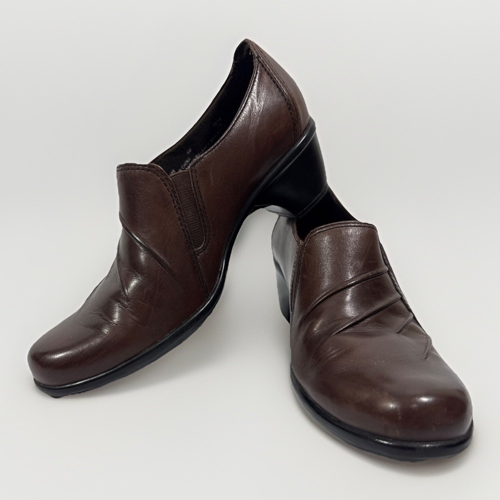 Clarks‎ Partridge Brown Leather Ruched Slip-On Loafers Heeled Bendables Shoes 6M